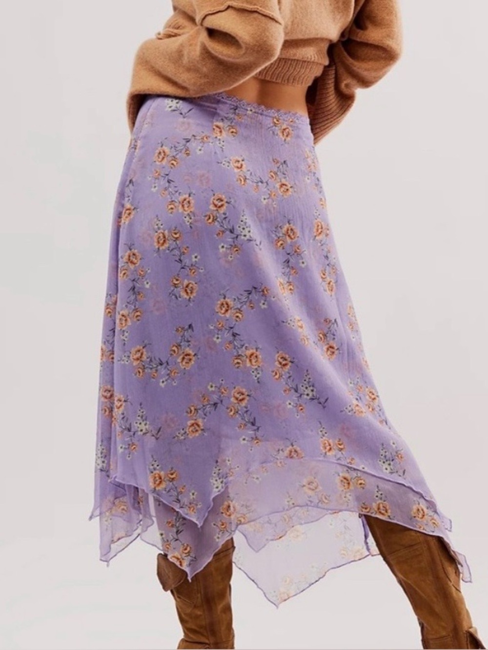 Free People Purple Garden Party Orange Floral Print Midi Skirt Size S